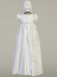 Suzana, Lace long gown with shiny satin christening dress. Made In USA