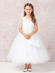 The bodice of this dress is detailed with diagonal embroidery and lace accents.
This First Holy Communion dress has an illusion neckline for additional style
Mesh Skirt
The dress has a zipper closure in the back.
3 Dress Limit per Order
