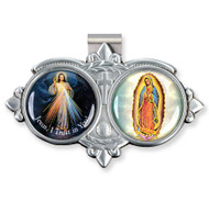 Auto Visor Clip. Pewter Auto Visor Clip depicts the images of Divine Mecy and OL of Guadalupe. Measures: 3 x  1 3/4.