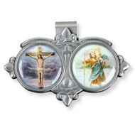 Auto VIsor Clip. Pewter Auto Visor Clip depicts the images of the Crucifixion and St. Christopher.  Auto visor measures: 3" x  1 3/4"H.