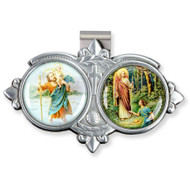 Auto VIsor Clip. Pewter Auto Visor Clip depicts the images of St Christopher and the Archangel Raphael.  Auto visor measures: 3" x  1 3/4"H.