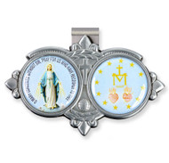 Auto VIsor Clip. Pewter Auto Visor Clip depicts the images of the Blessed Mother and the Miraculous Medal Auto visor measures: 3" x  1 3/4"H.