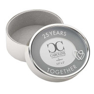 25 Years Togther 2.5" Round Photo Box.  The" 25 Years Together" Round Photo Box is 2.5"R by 2"H. The Photo Box is made of a zinc alloy and is lead free. A perfect gift for the anniversary couple!!