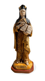 Saint Theresa of Avila Statue by Liscano.  This statue of Saint Theresa of Avila is made in Colombia, South America. The statue of St. Theresa of Avila has been beautifully hand painted by the Widows of Colombian Violence.It's measurements are  8.5"H  x 3" round diameter base.