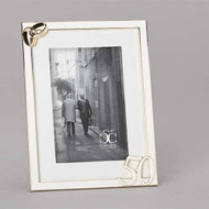 8"H" 50th Wedding Anniversary Photo Frame. 50th Wedding Anniversary Photo Frame stands 8"H and holds a 4" x 6" photo. Two intertwined gold wedding bands are on the photo top left of the 50th Wedding Anniversary Photo Frame.frame with the number 50 on the bottom right of frame.  Frame is made of a lead free zinc alloy.