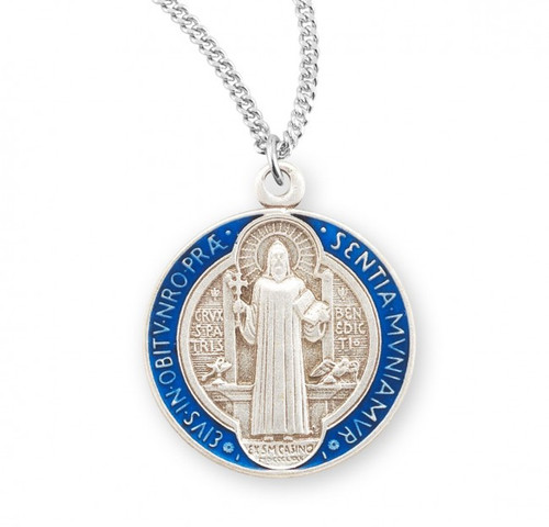 Sterling Silver St. Benedict Round Blue Enamel Medal - 18" Chain - St ...