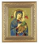 Our Lady of Perpetual Help in a beautifully detailed ornate gold leaf antique frame. 12-1/2" x 14-1/2" Overall Dimensions.  2.5" Wide Facing to Fit a 8" x 10" Italian Lithograph Under Glass.