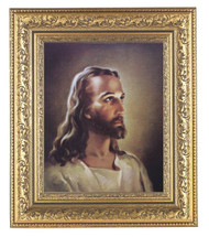 Framed 8" x 10" Head of Christ. This llithograph is framed in a beautifully detailed ornate gold leaf frame.  Overall Dimensions of the framed picture are 12-1/2" x 14-1/2".   The lithograph of Christ's head measures 8" x 10". This framed Italian lithograph is under glass.  