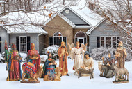 A new way to display a beautiful detailed and colorful outdoor nativity set. This is an all metal, 12 piece set with the tallest figure measuring 51 inches. It is designed to last for years and to be easy to ship and store. The all metal pieces are printed with high resolution paint that resists fading. The super high resolution images painted on flat metal give the remarkable illusion of pieces being three dimensional and the details - especially the faces - show with such clarity that the Christmas Story is truly brought to life. Set up is a snap and each piece comes with durable, three pronged stakes to anchor them in the ground. In addition, each piece comes with brackets intended to secure them in the wind. Available in full 12 piece set (RLN058) and a 4 piece Holy Family and Angel set (RLN059).