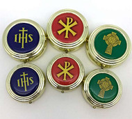 Colored enamel pyx with IHS, Chi Rho, or Celtic Cross.
2 Sizes available: 2"W x 5/8"H, 6-8 host capacity
2 1/4"W x 3/4", 8-12 host capacity.
Sold individually. 