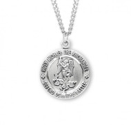 Sterling silver 15/16" St. Michael Medal. Medal has St Michael depicted on the front and the back of the medal is the Caduceus symbol.  Sterling silver St. Michael Medal comes on a genuine rhodium-plated stainless steel 24"chain.  A deluxe velour gift box is included