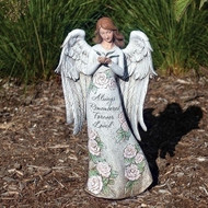 13.25"H Memorial Angel holding a Dove Statue.  STatue is made of a resin stone mix. Dimentions: 13.25"H X 7.75"W X 5.75"L