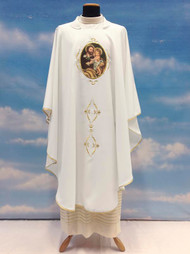 Chasuble
 St Joseph  Clergy Apparel.  On the anniversary of the celebration of the 150th Anniversary of the Proclamation of St Joseph, Patron of the Universal Church. Made of 100% polyester Primavera fabric. Choose Chasuble, Dalmatic, Priest Overlay Stole, Deacon Stole and Lectern Cover. All items are embroidered with printed image.