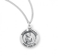 Sterling Silver Saint Gerard medal.  Sterling Silver St. Gerard medal is supplied with an 18" genuine rhodium plated endless curb chain. St Gerard Medal comes in a deluxe gift box.  Dimensions: 0.7" x 0.6" (18mm x 15mm). Weight of medal: 1.6 Grams. Made in the USA!  Can be engraved at an additional cost. 