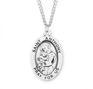 Sterling silver large oval St. Anthony medal comes on a 24" genuine rhodium plated curb chain. Dimensions: 01.1" x 0.7" (27mm x 17mm). Weight of medal: 2.8 Grams. Medal comes in a deluxe velour gift box. Engraving option available. Made in the USA