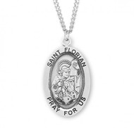 Sterling silver oval St. Florian medal comes on a 24" genuine rhodium plated curb chain. Dimensions: 01.1" x 0.7" (27mm x 17mm). Weight of medal: 2.8 Grams. Medal comes in a deluxe velour gift box. Engraving option available. Made in the USA

 