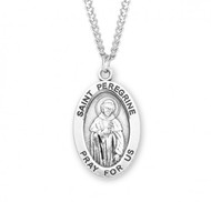 Sterling silver oval St. Peregrine medal comes on a 24" genuine rhodium plated curb chain. Dimensions: 01.1" x 0.7" (27mm x 17mm). Weight of medal: 2.8 Grams. Medal comes in a deluxe velour gift box. Engraving option available. Made in the USA