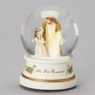 Musical Jesus with Boy or Girl Child on first Holy Communion Musical Globe. Musical Globe plays "The Lord's Prayer". Dimensions of the First Communion Boy or Girl Musical Globe are: 5.5"H x  4"W x 4"D. Globe is made of Resin, glass, meal and water and comes gift boxed. A wonderful remembrance for the child making their First Holy Communion 