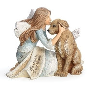 Forever in Our Hearts Angel and Dog Figure.  Angel and Dog with Wings Heavenly Blessings figurine is 4.25"H.  Angel is holding a dog with wings. Forever in Our Hearts is written across the angel's lap.  Made of a resin/stone mix