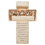 The Last Supper Wall Cross.  The Last Supper Wall Cross has the Grace- "Bless Us O Lord and these Thy Gifts" prayer on the bottom of the cross. The Apostles and Jesus are depicted at the top of the cross at the last supper. The cross is 13.25"H and is made of a resin/stone mix.