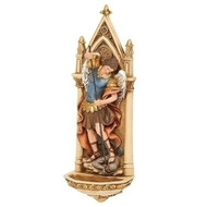 St Michael Holy Water Font measures 7.75"H. The St Michael Holy Water Font is made of a resin stone mix. Beautiful addition to the home water font. 