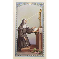 Laminated holy prayer card Of St Rita of Casia. The laminated holy card has full color image of St. Rita on the front, and prayer written in Spanish on the back. Card measures 2 1/2 inch by 4 1/2 inch. Back of prayer card reads: Gloriosa Santa Rita de Casia! Aceptad el Triduo que con fervor os dedico; alcanzadme la gracia qu os pido y haced que aprende la practica de las virtudes que tanto es adornaron. En la hora de las contrariedades y de los trabajos de la vida quiero recordar el dolor que toda la vida sentisteis con la herida de la santa Espina en vuestra frente, y que despedia tan mal olor que os obligaba a vivir sola. Sed mi consuelo en las penas, gloriosa Santa; haced que todo lo sufra por amor a Dios, pensando en la cruz y corona de espinas del buen Jesus, que eran vuestro consuelo y vuestro amor. A todos admira, oh Santa Rita, el espiritu de oracion, los grandes ayunos y penitencias q que os entregabais. Todas las penas y tribulaciones os parecian pocas para agradecer al Senor el afecto que os profesaba; vuestra ansia era llevar la cruz pesada para haceros semejante a vuestro Jesus; dadnos la gracia de saber conformarnos con las penas que nos sobrevienen y obrad con nosotros los milagros que con tantos devotos habeis obrado, concediendonos las favores que os pedimos. (Tres Padrenueustros.) Made in Italy!