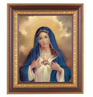 11" x 13" Immaculate Heart of Mary Framed Artwork. Frame is a detailed cherry wood with a gold edging. 