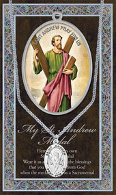 St Andrew is the Patron Saint of  Scotland and of Russia. A 1.125" Genuine Pewter Medal with Stainless Steel Chain. Gold Embossed Prayer Card included with short biography of the saint included. (3.25"x 5.5")