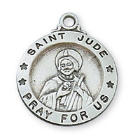 5/8"D Round Sterling Silver St Jude Medal with a 18" genuine rhodium plated chain. Medal comes in a deluxe velour gift box. Made in the USA. Engraving option available