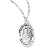 St Therese of Lisieux .925 Sterling Silver Oval Medal.  Dimensions:  0.7" x 0.4" (18mm x 11mm).   Weight of medal: 1.5 Grams. Medal comes on an 18" Genuine rhodium plated curb chain.  Made in USA. Deluxe velvet gift box included. Engraving available. 