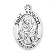  St. Anthony .925 Sterling Silver Oval Medal.  Dimensions:  1.3" x 0.8" (32mm x 20mm).   Weight of medal: 6.8 Grams. Medal comes on a 24" genuine rhodium plated curb chain.  Made in USA. Deluxe velvet gift box included. Engraving available. 