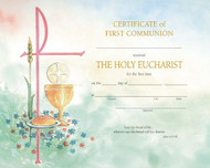 PRE PRINTED Watercolor Communion Certificate. (XD103)
 8" x 10".  Certificates come 50 per box, envelopes included. 
 