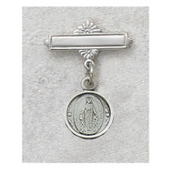 Sterling Silver Miraculous Medal Baby Bar Pin. Engraving Available. Sized for baby, ideal gift for baptism! Made in the USA. 