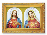 A 4.5" x 6.5" antique gold frame with glass image of the Sacred Heart of Jesus and the Immaculate Heart of Mary.  Easel back or wall hanger, Italian Lithograph, Boxed. 

 