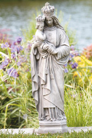 This 27" cement statue of Our Lady of Mount Carmel is a great addition to your garden. This statue features Our Lady of Mount Carmel Holding a Child. The statue comes in two finishes Natural Cement finish and a Detailed Stain finish. Dimensions of the statue are: H:27" x BW: 6.25 x BL: 6". Weight 40 lbs. Statue is handcrafted made to order so allow 4-6 weeks for delivery. Made in the USA.