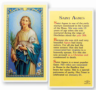 St Agnes Biography Laminated Holy Card. Clear, laminated Italian holy card with Gold Accents. Features World Famous Fratelli-Bonella Artwork. 2.5'' x 4.5''.  