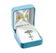 Baby cross pendant on a godchild bar pin.
Solid .925 sterling silver double sided pendant.
Dimensions: 1.1" x 0.7"(28mm x 17mm)
Weight of medal : 0.5 Grams.
Made in USA.
Deluxe velvet gift box.
 