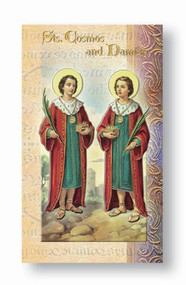 This pamphlet is a 2 page biography.  The pamphlet includes the name meaning, the patron attributes, Prayers and Feast Day are all included in the pamphlet. Gold stamped Italian art. 