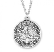 Sterling Silver Saint Christopher round medal-pendant.  Dimensions: 1.1" x 0.9" (27mm x 24mm.) A 24" Genuine rhodium plated endless curb chain is included. Medal comes in a deluxe velour gift box. Made in the USA