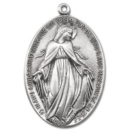 1 3/8" Sterling silver Miraculous Medal . Medal comes on a 27" genuine rhodium plated endless curb chain. A deluxe velour gift box is included. Dimensions: 1.4" x 0.9" (36mm x 23mm). Weight of medal: 2.6 Grams.