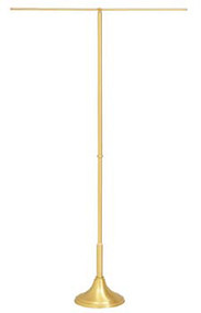 Processional Banner Stand. Solid brass. Furnished with removable telescoping shaft extends 51˝ to 90˝. 10-1⁄2˝ base, 36˝ cross arm. Brass satin finish. Furnished with telescoping cross arm, extends 24" to 45˝, for an additional charge.