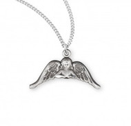 .925 Sterling Silver Guardian angel wings medal-pendant. Weight of medal: 1.1 Grams. Dimensions: 0.6" x 0.9" (14mm x 22mm). 18" Genuine rhodium plated curb chain. Made in USA. Deluxe velvet gift box.