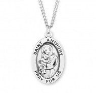 Sterling silver oval St. Anthony medal comes on a 24" genuine rhodium plated curb chain. Dimensions: 01.1" x 0.7" (27mm x 17mm). Weight of medal: 2.8 Grams. Medal comes in a deluxe velour gift box. Engraving option available. Made in the USA