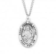 Sterling silver oval St. John the Baptist medal comes on a 24" genuine rhodium plated curb chain. Dimensions: 01.1" x 0.7" (27mm x 17mm). Weight of medal: 2.8 Grams. Medal comes in a deluxe velour gift box. Engraving option available. Made in the USA