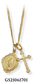 Gold Filled Miraculous Medal and Cross Double Pendant on 16" Chain