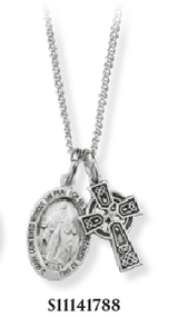 Sterling Silver Miraculous Medal and Celtic Cross Double Pendant on 16" Chain