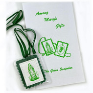 Laminated Green Scapular & Instruction  Pamphlet. Our Green Scapular has been protected in soft flexible plastic with rounded edges and smooth heat sealed edges for comfortable wear. With the flexible plastic the Green Scapular measures 2.13 by 1.75 inches. When you order the Green Scapular you will also receive a handy pamphlet titled 'Among Mary's Gifts, The Green Scapular.' This pamphlet goes more in depth about the story and history of the Green Scapular and the devotions to the Green Scapular and Mary.