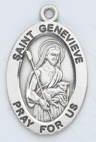 Patron Saint of natural disasters, Paris, and fevers. Sterling silver 7/8" oval medal with a 18" genuine rhodium plated chain. Medal comes in a deluxe velour gift box. Engraving option available.