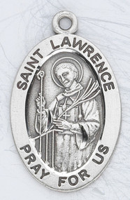 7/8" Sterling Silver medal portrays St. Lawrence with Palms holding a Grill.  A 20" rhodium plated curb chain and medal comes in a deluxe velour gift box. Engraving option available. Patron Saint of  Cooks and the Poor. Known for his sense of humor in the face of adversity. Look up his bio to see why he holds the grill!
Dimensions: 0.9" x 0.6" (22mm x 14mm)
Weight of medal: 1.9 Grams.