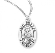 Saint Nicholas oval medal-pendant.  Solid .925 sterling silver Saint Nicholas oval medal-pendant comes on 20" genuine rhodium plated endless curb chain.  Medal comes in a deluxe velour gift box. Weight of medal: 1.9 Grams. Dimensions: 0.9" x 0.6" (22mm x 14mm). Engraving option available.